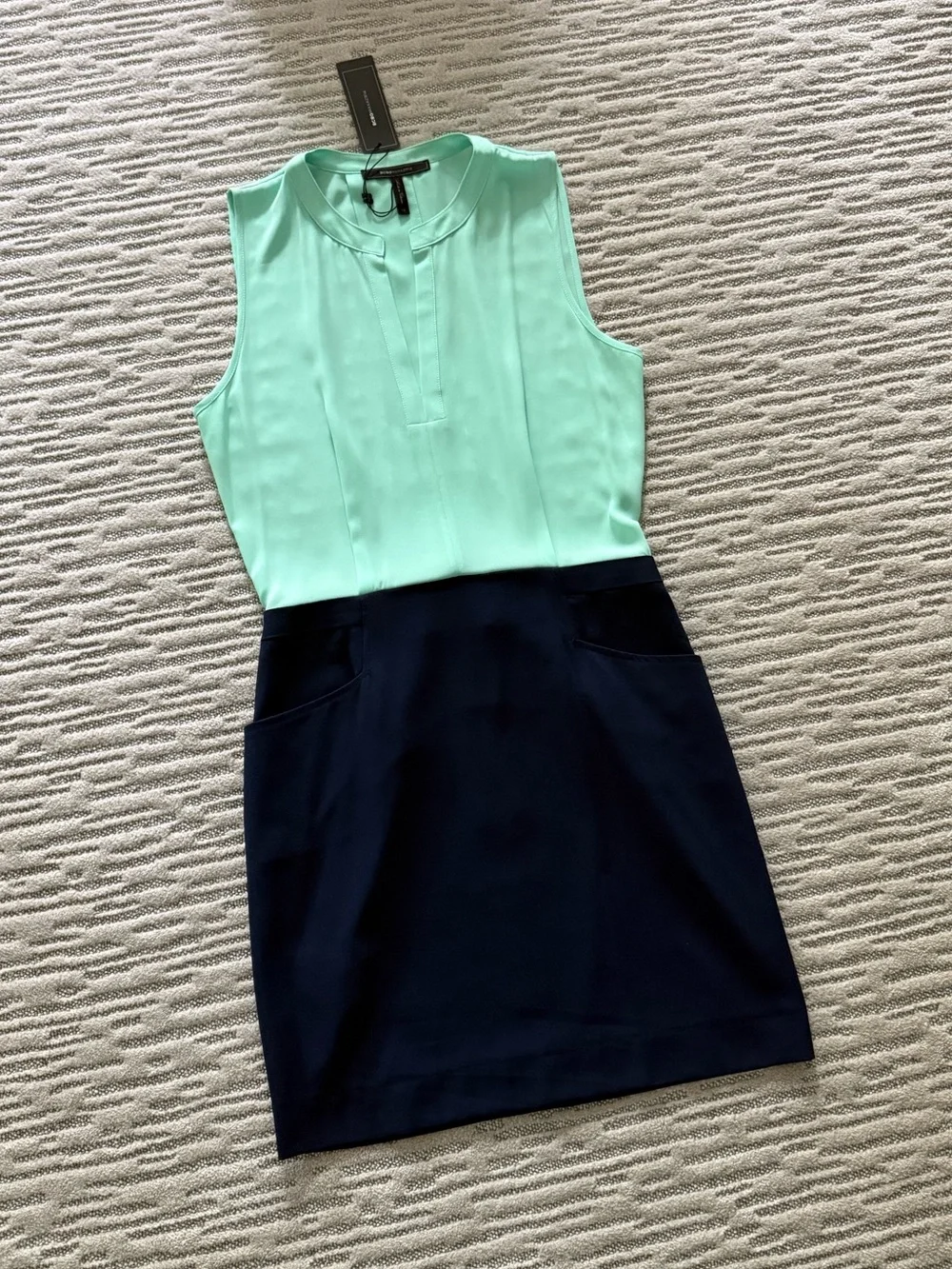BCBGMaxAzria Mint and Navy Sleeveless Colorblock Sheath Dress